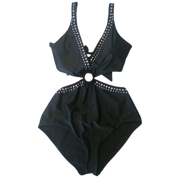 Bar III Tell Me About It Stud One Piece Swimsuit Black XL NWT - Picture 3 of 9